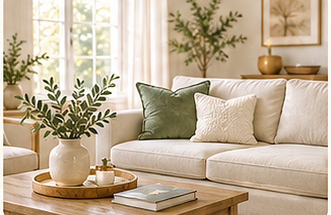A bright living room with a cream sofa, sage pillows and olive branches in a vase